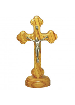Face avant croix à poser H.15cm forme trilobée, en bois d'olivier, avec Christ en métal argenté