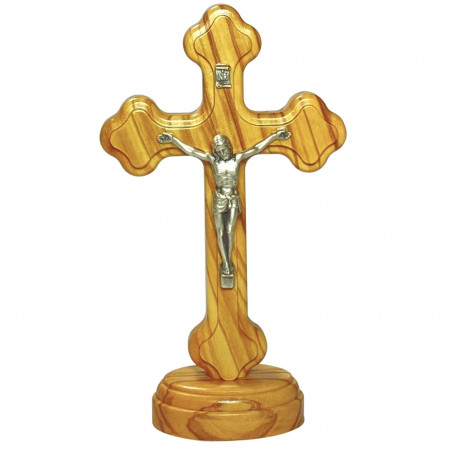 Face avant croix à poser H.15cm forme trilobée, en bois d'olivier, avec Christ en métal argenté