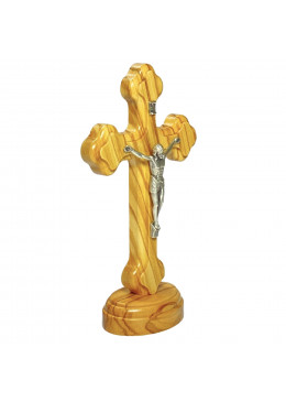 Profil croix à poser H.15cm forme trilobée, en bois d'olivier, avec Christ en métal argenté