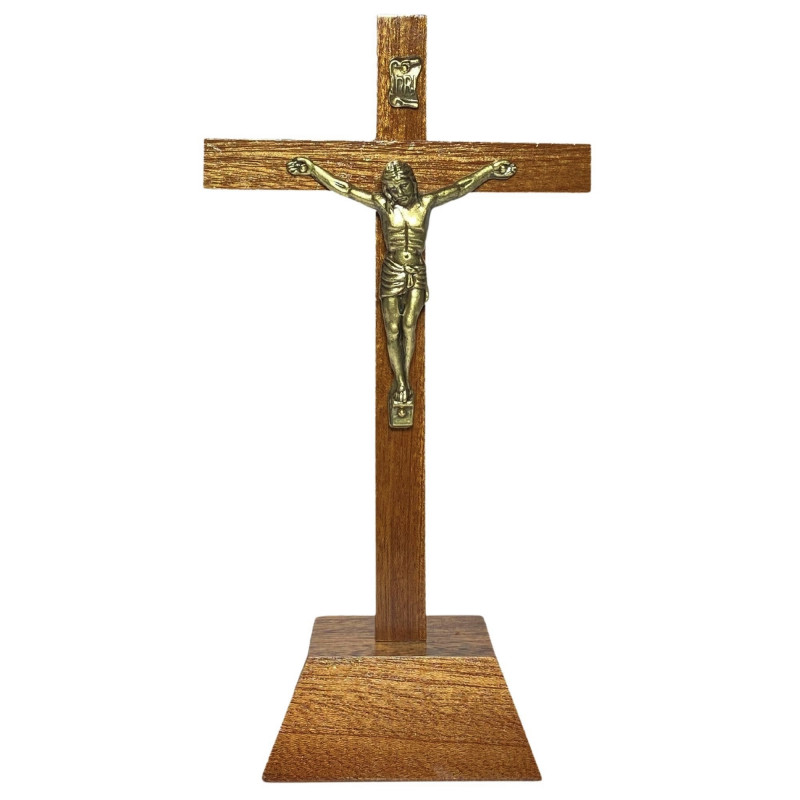 Face avant croix à poser H.22cm en bois avec Christ en métal bronzé