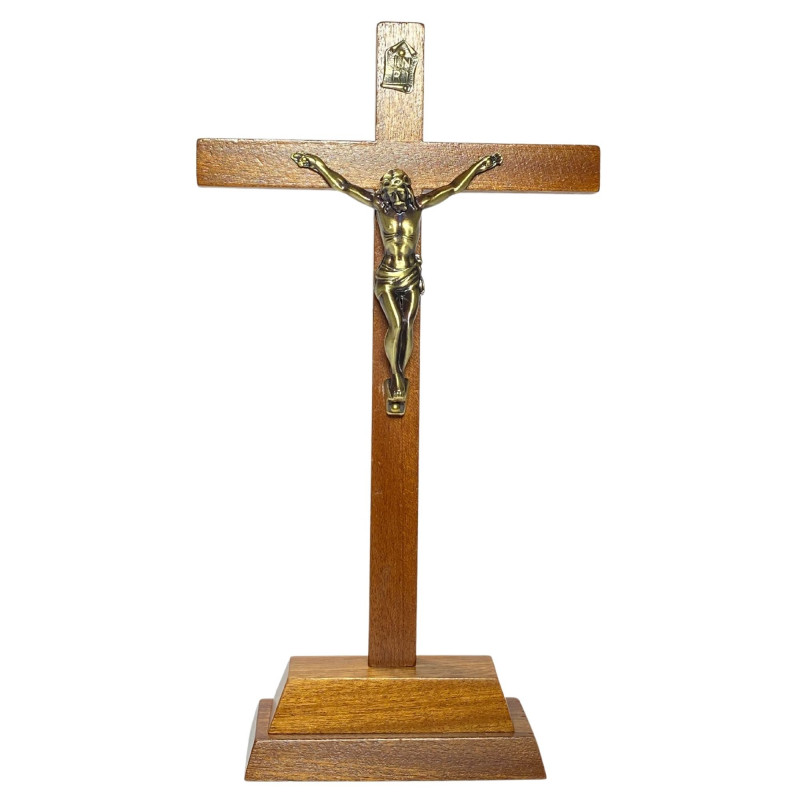 Face avant croix à poser H.25cm en bois avec Christ en métal bronzé