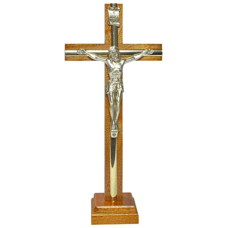 Face avant croix à poser H.22cm en bois, avec filet doré et le corps du Christ en métal argenté