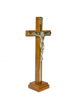 Profil croix à poser H.22cm en bois, avec filet doré et le corps du Christ en métal argenté