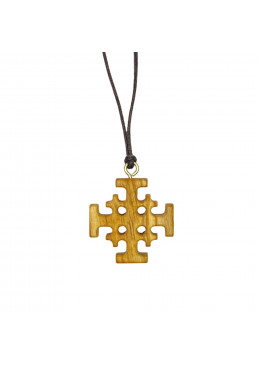 Collier Croix de Jérusalem H.3cm en bois d'olivier et cordon en cuir L.70cm
