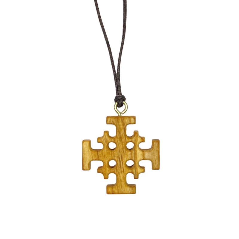 Collier Croix de Jérusalem H.3cm en bois d'olivier et cordon en cuir L.70cm