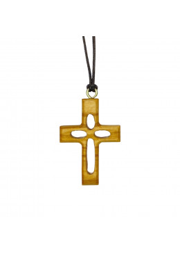 Collier Croix évidée H.4cm en bois d'olivier et un cordon en cuir L.70cm