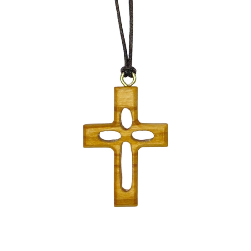 Collier Croix évidée H.4cm en bois d'olivier et un cordon en cuir L.70cm