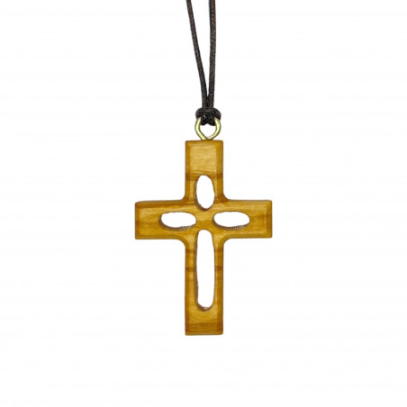 Collier Croix évidée H.4cm en bois d'olivier et un cordon en cuir L.70cm