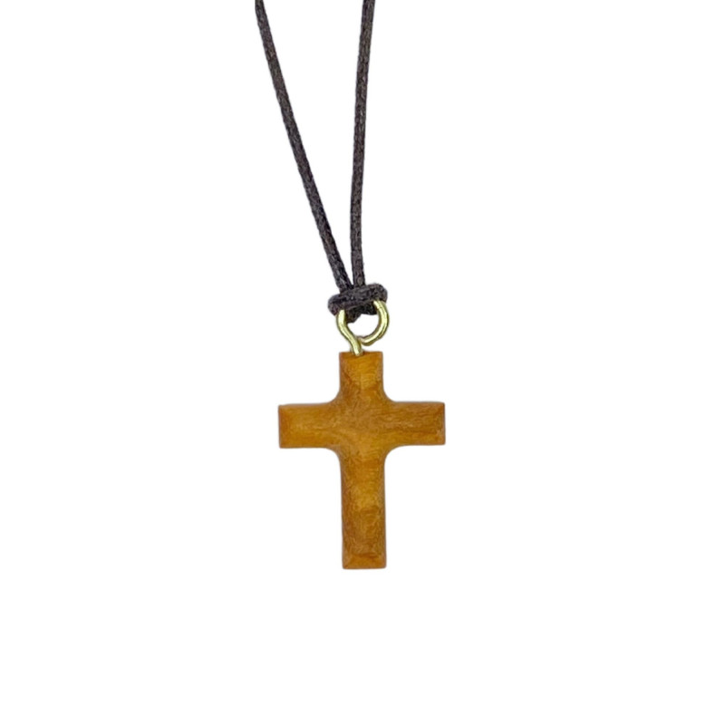 Collier Croix biseautée H.2cm en bois d'olivier et un cordon en cuir L.70cm