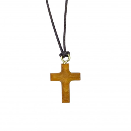 Collier Croix biseautée H.2cm en bois d'olivier et un cordon en cuir L.70cm