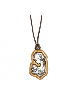 Face avant collier  de la Vierge à l'Enfant H.2,8cm en métal incrusté dans un bois d'olivier et avec un cordon en cuir L.70cm