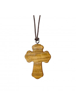 Face arrière collier avec croix trilobée H.3,8cm et crucifix en métal incrusté dans bois d'olivier et cordon cuir L.70cm