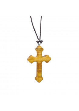 Face arrière collier avec croix trilobée H.4cm en bois d'olivier, Christ en métal argenté et cordon cuir L.70cm