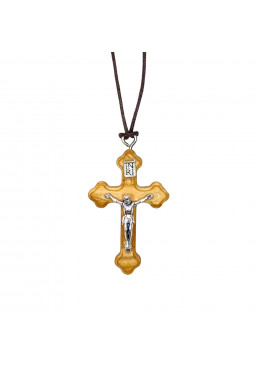 Face avant collier avec croix trilobée H.4cm en bois d'olivier, Christ en métal argenté et cordon cuir L.70cm