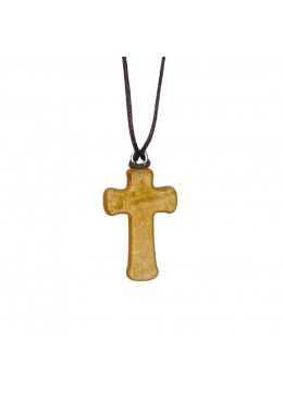 Face arrière collier avec croix arrondie H.3,2cm et crucifix en métal incrusté dans bois d'olivier et cordon cuir L.70cm