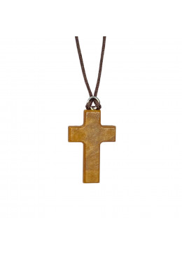Face arrière collier avec croix droite H.3cm et crucifix en métal incrusté dans bois d'olivier et cordon cuir L.70cm
