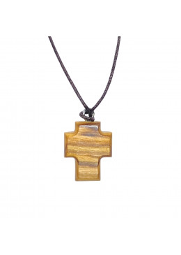 Face arrière collier avec croix carrée H.2,3cm et crucifix en métal incrusté dans bois d'olivier et cordon cuir L.70cm