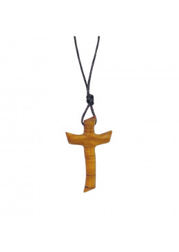 Face arrière collier avec croix élancée H.3,5cm en bois d'olivier, Christ en métal argenté et cordon cuir L.70cm