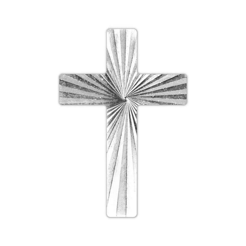 Pin's Croix en métal argenté, décor strié avec double brillance