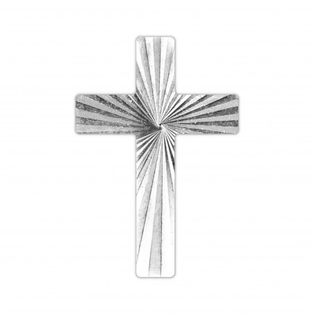 Pin's Croix en métal argenté, décor strié avec double brillance