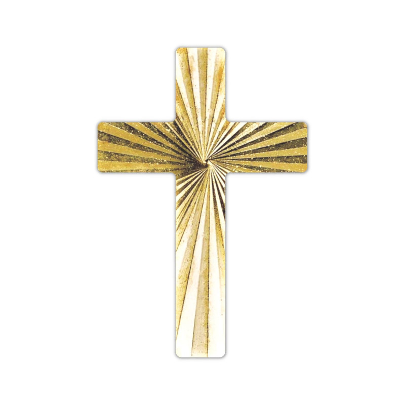 Pin's Croix en métal doré, décor strié avec double brillance