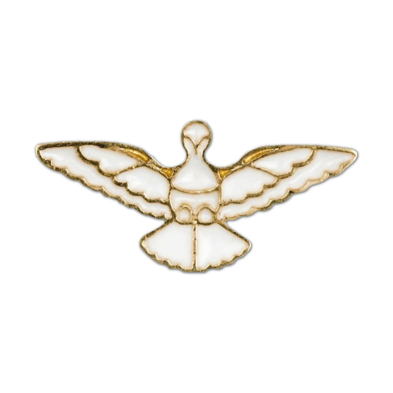 Pin's Colombe ailes déployées, en métal doré émaillé blanc, symbole du Saint Esprit