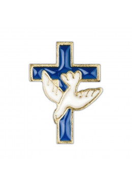 Pin's Croix en métal doré émaillé bleu, colombe émaillée blanc