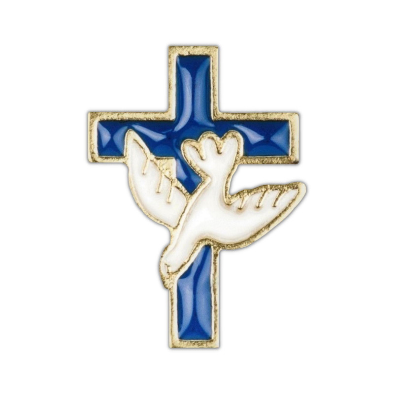 Pin's Croix en métal doré émaillé bleu, colombe émaillée blanc