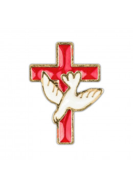 Pin's Croix en métal doré émaillé rouge, colombe émaillée blanc