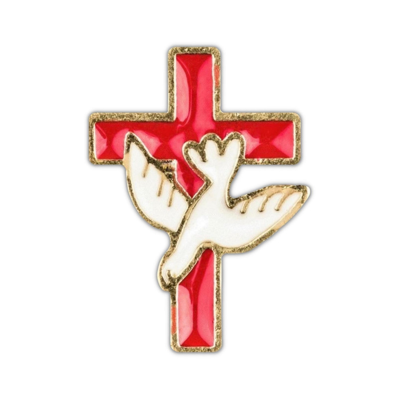 Pin's Croix en métal doré émaillé rouge, colombe émaillée blanc