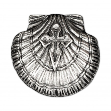 Pin's Coquille et Croix de Saint Jacques de Compostelle en métal argenté