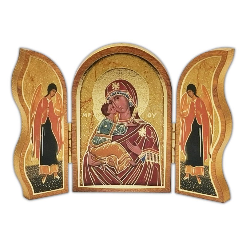 Face avant triptyque ouvert, Vierge de Tendresse ou Vierge de Vladimir, bois décoré à la feuille d'or, 12,5cm X 9cm