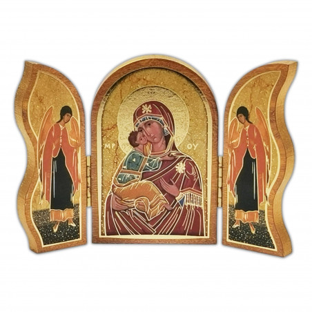 Face avant triptyque ouvert, Vierge de Tendresse ou Vierge de Vladimir, bois décoré à la feuille d'or, 12,5cm X 9cm