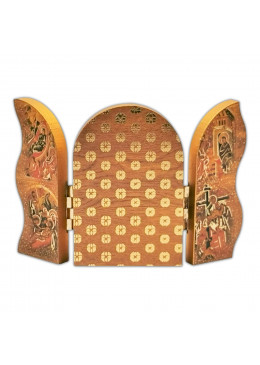 Face arrière triptyque ouvert, Sainte Famille, bois décoré à la feuille d'or, 12,5cm X 9cm
