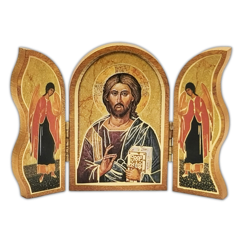 Face avant triptyque ouvert, Christ Pantocrator, bois décoré à la feuille d'or, 12,5cm X 9cm