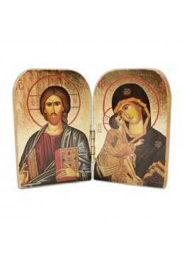 Face avant diptyque ouvert, Vierge de Vladimir et Christ Pantocrator, bois décoré à la feuille d'or 9,5cm X 7cm