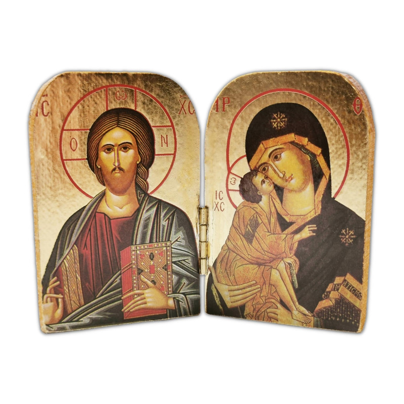 Face avant diptyque ouvert, Vierge de Vladimir et Christ Pantocrator, bois décoré à la feuille d'or 9,5cm X 7cm