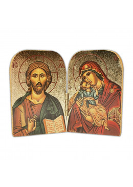 Face avant diptyque ouvert, Vierge de Tendresse et Christ Pantocrator, bois décoré à la feuille d'or 9,5cm X 7cm