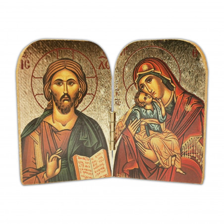 Face avant diptyque ouvert, Vierge de Tendresse et Christ Pantocrator, bois décoré à la feuille d'or 9,5cm X 7cm