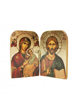 Face avant diptyque ouvert, Notre Dame du Perpétuel Secours et Christ Pantocrator, bois décoré à la feuille d'or 9,5cm X 7cm