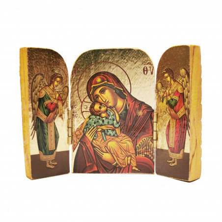 Face avant triptyque ouvert, Vierge de Tendresse, bois décoré à la feuille d'or 9,5cm X 7cm