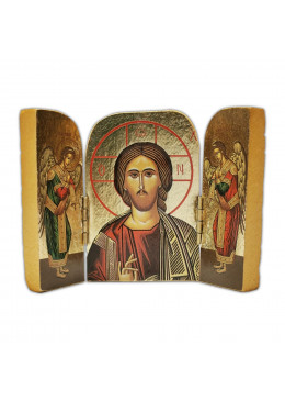 Face avant triptyque ouvert, Christ Pantocrator, bois décoré à la feuille d'or 9,5cm X 7cm