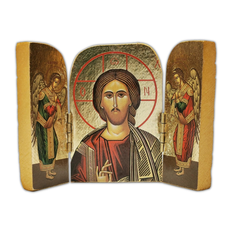 Face avant triptyque ouvert, Christ Pantocrator, bois décoré à la feuille d'or 9,5cm X 7cm