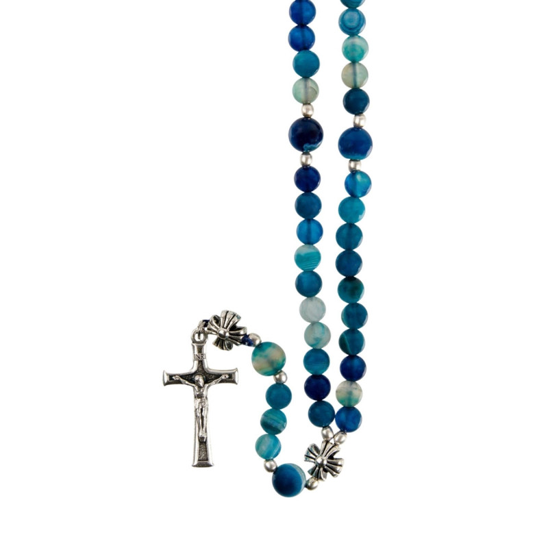 Chapelet pierre naturelle, grains en agate bleue, sur corde L.28cm Chapelet pierre naturelle, grains en agate bleue, sur corde L.28cm