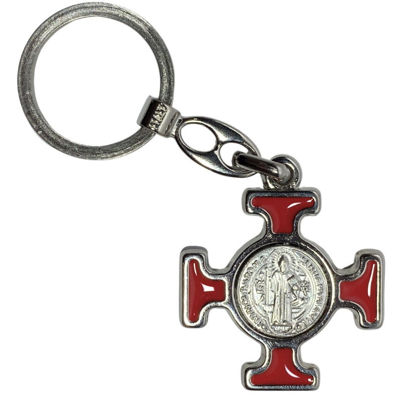Face avant porte-clés croix émaillée rouge avec médaille de Saint Benoît