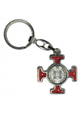 Face arrière porte-clés croix émaillée rouge avec médaille de Saint Benoît